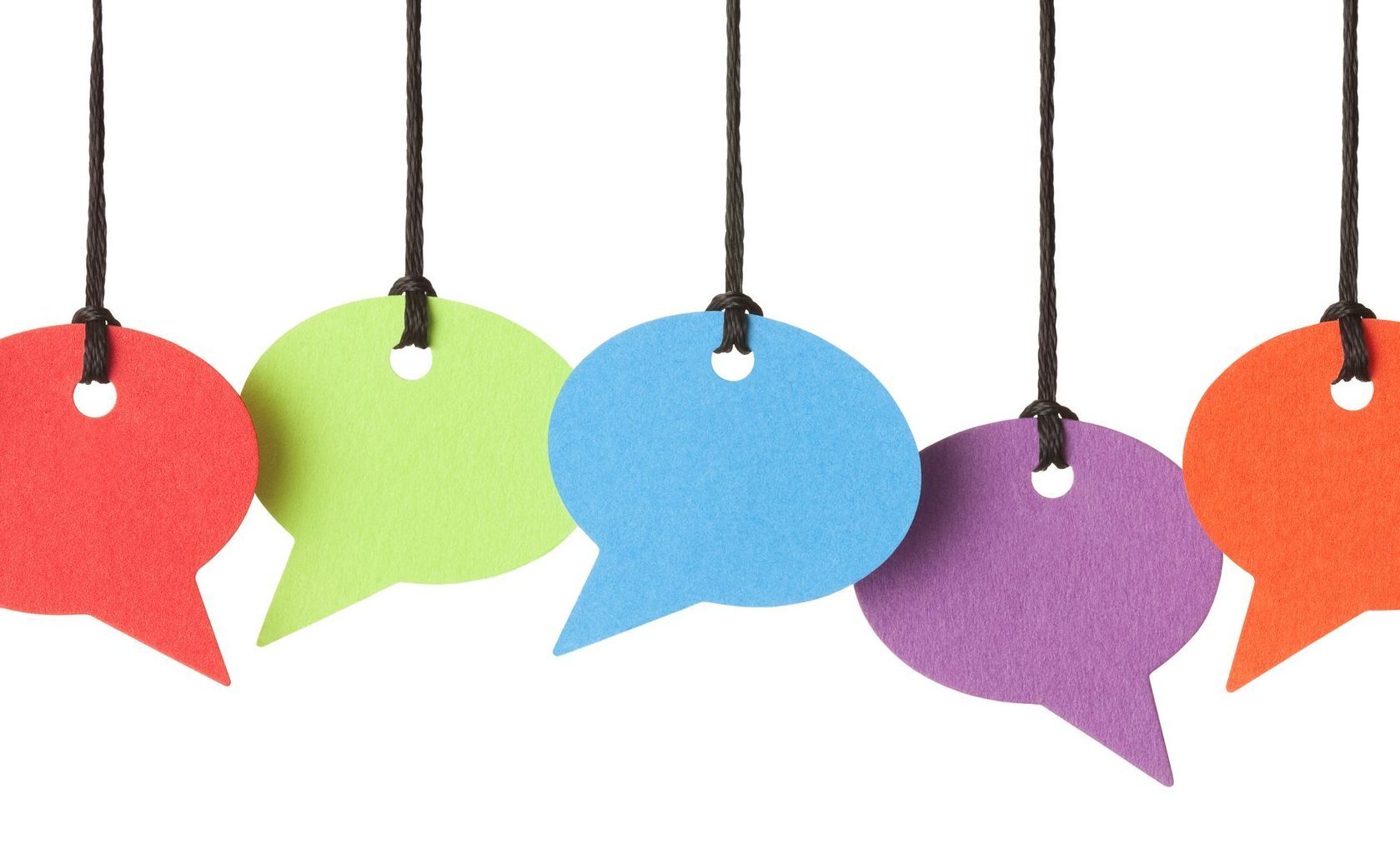 Six blank speech bubbles hanging from thread,