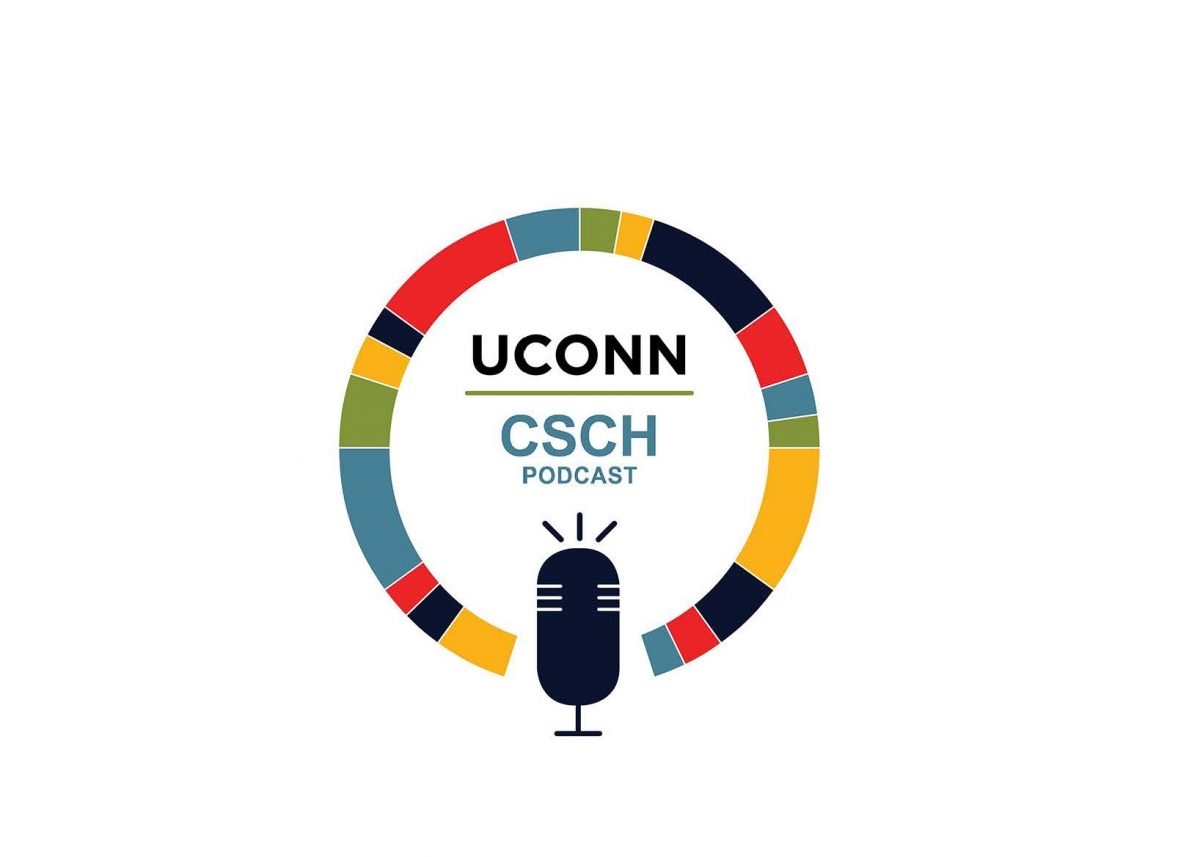 Words UConn CSCH Podcast encircled by colorful ring above cartoon microphone