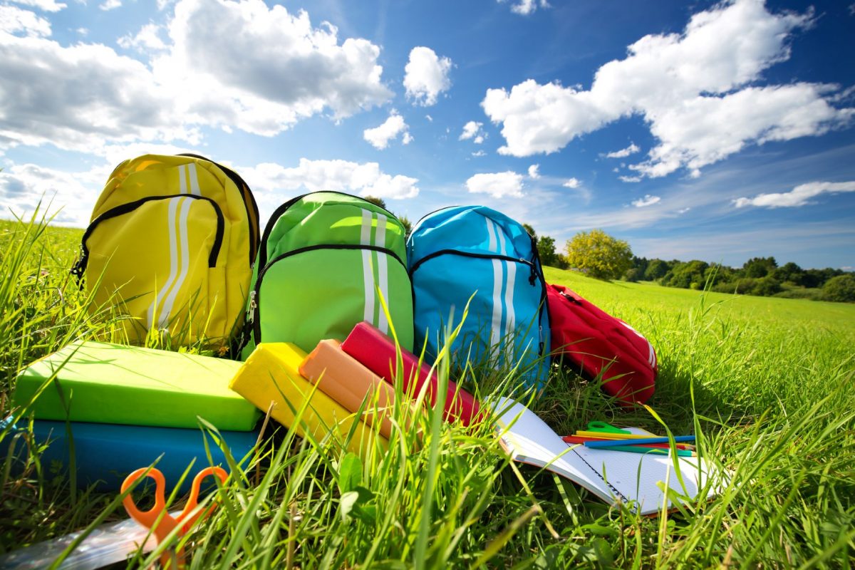 Colorful children schoolbags outdoors on a grassy field with colorfully bound books in the foreground