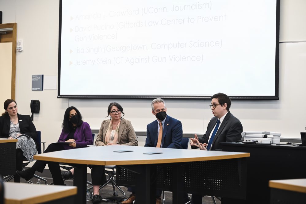 Left to Right: Kerri Raissian, Lisa Singh, Amanda Crawford, Jeremy Stein, and David Pucino speak at a Gun Violence Misinformation Panel at the Hartford Times Building on April 5, 2022.
