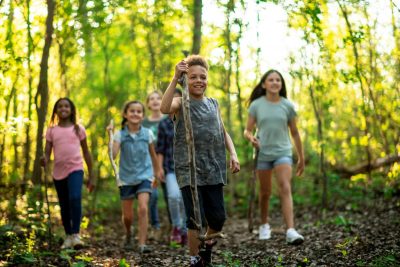 a group of young children take a hike in the woods on a sunny fall day. They are each dressed casually and some have wooden walking sticks