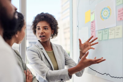 Black woman points to the sticky notes on a whiteboard with WSCC model