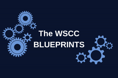 The WSCC Blueprints in white against a dark blue background with light blue gears