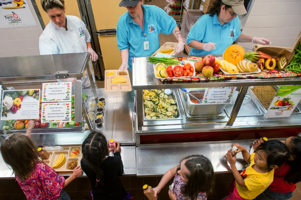 Elementary School Children in line at cafeteria being served healthy lunches Hagerstown, Maryland. 