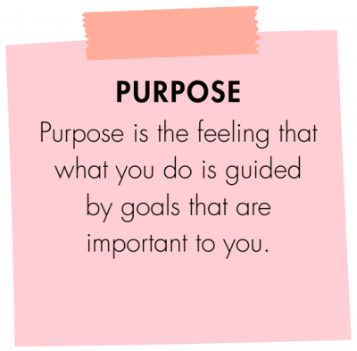 Pink sticky note with the following text: purpose is the feeling that what you do is guided by goals that are important to you.