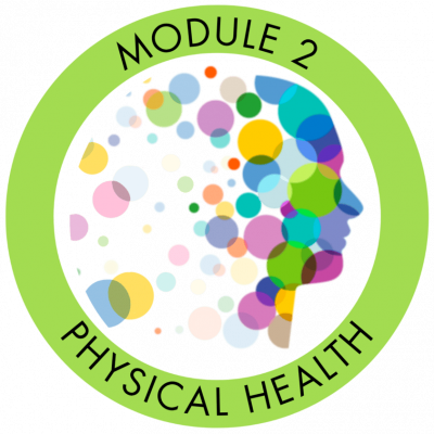 A logo for "MODULE 2 PHYSICAL HEALTH” featuring a silhouette of a human head in profile on the right, filled with circles of different sizes and colors. The entire design is enclosed within a thick circular border. The text "MODULE 2” is curved along the top inside of the border, and "PHYSICAL HEALTH" is curved along the bottom inside of the border.
