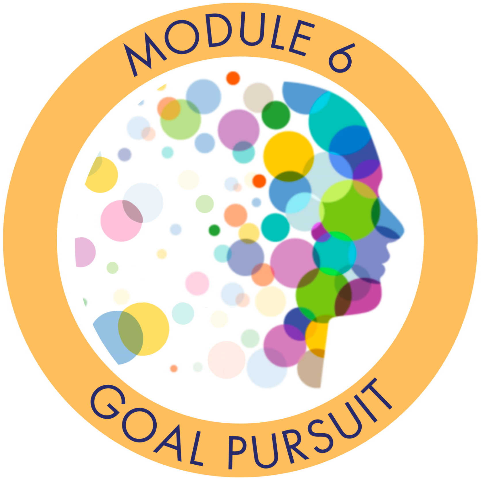 A logo for "MODULE 6 GOAL PURSUIT” featuring a silhouette of a human head in profile on the right, filled with circles of different sizes and colors. The entire design is enclosed within a thick circular border. The text "MODULE 6” is curved along the top inside of the border, and "GOAL PURSUIT” is curved along the bottom inside of the border.