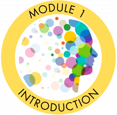 A logo for "MODULE 1 INTRODUCTION” featuring a silhouette of a human head in profile on the right, filled with circles of different sizes and colors. The entire design is enclosed within a thick circular border. The text "MODULE 1” is curved along the top inside of the border, and "INTRODUCTION” is curved along the bottom inside of the border.