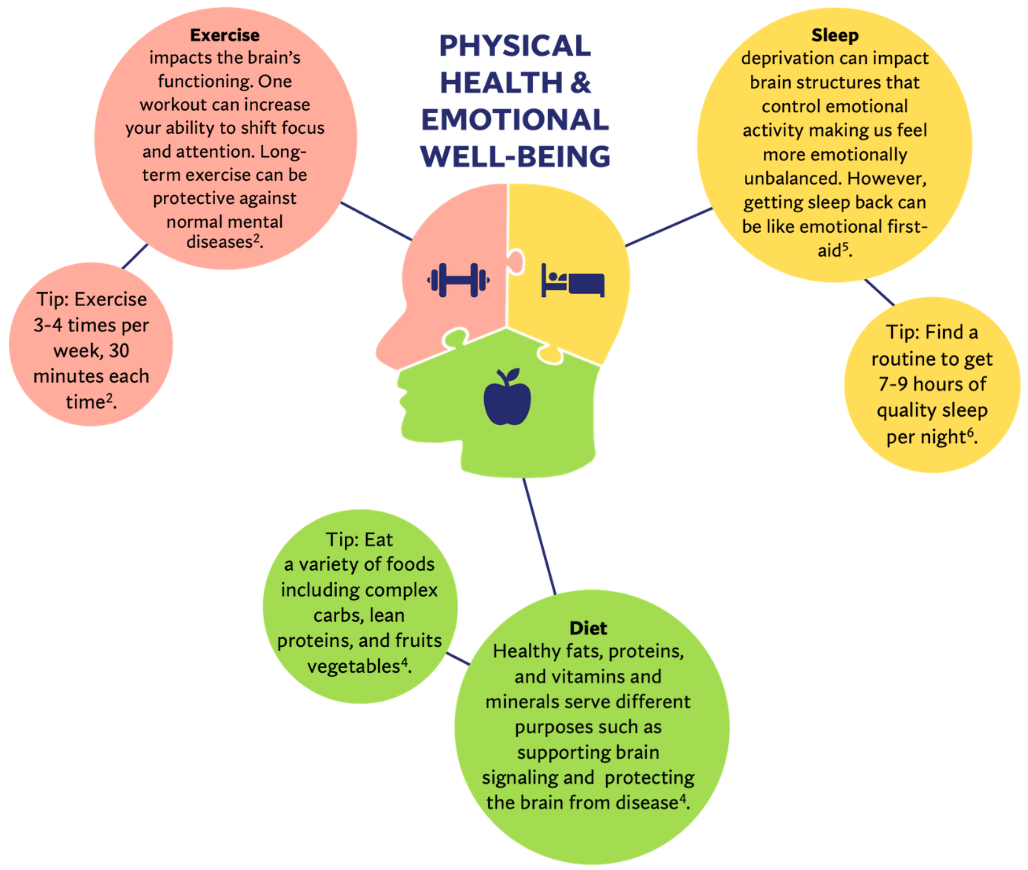 Infographic titled "Physical Health & Emotional Well-Being" featuring a human head divided into three colored sections:
Exercise (pink section):
"Exercise impacts the brain's functioning. One workout can increase your ability to shift focus and attention. Long-term exercise can be protective against normal mental diseases."
Tip: "Exercise 3-4 times per week, 30 minutes each time."
Sleep (yellow section):
"Sleep deprivation can impact brain structures that control emotional activity making us feel more emotionally unbalanced. However, getting sleep back can be like emotional first-aid."
Tip: "Find a routine to get 7-9 hours of quality sleep per night."
Diet (green section):
"Healthy fats, proteins, vitamins and minerals serve different purposes such as supporting brain signaling and protecting the brain from disease."
Tip: "Eat a variety of foods including complex carbs, lean proteins, fruits, vegetables."