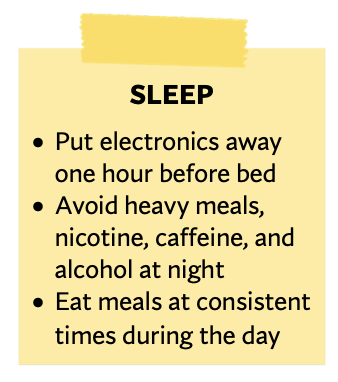 A square with a yellow background, is titled "SLEEP" and includes bullet points that say "Put electronics away one hour before bed. Avoid heavy meals, nicotine, caffeine, and alcohol at night. Eat meals at consistent times during the day."