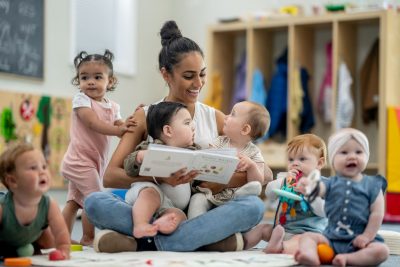 A childcare provider of Indian decent, sits with a large group of babies as she read them a book in their classroom.