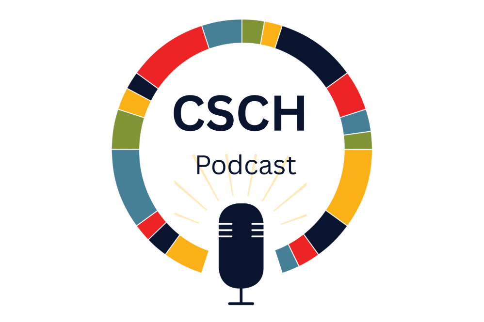 colorful circle with graphic of microphone on bottom and words CSCH podcast in middle of circle