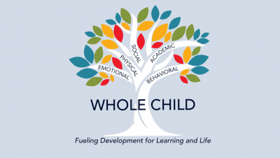 A colorful tree with 5 branches with words on each: emotional, physical, social, academic, behavioral. Across the trunk of the tree are the words Whole Child, with Fueling Development for Learning and Life on the bottom.