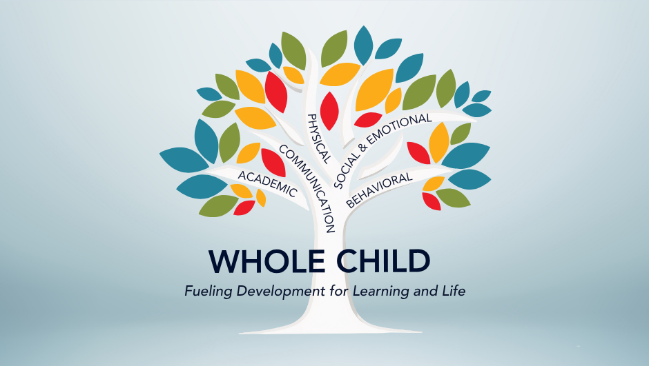 A colorful tree with 5 branches with words on each: academic, communication, physical, social & emotional, behavioral. Written across the trunk of the tree there are the words Whole Child, Fueling Development for Learning and Life.